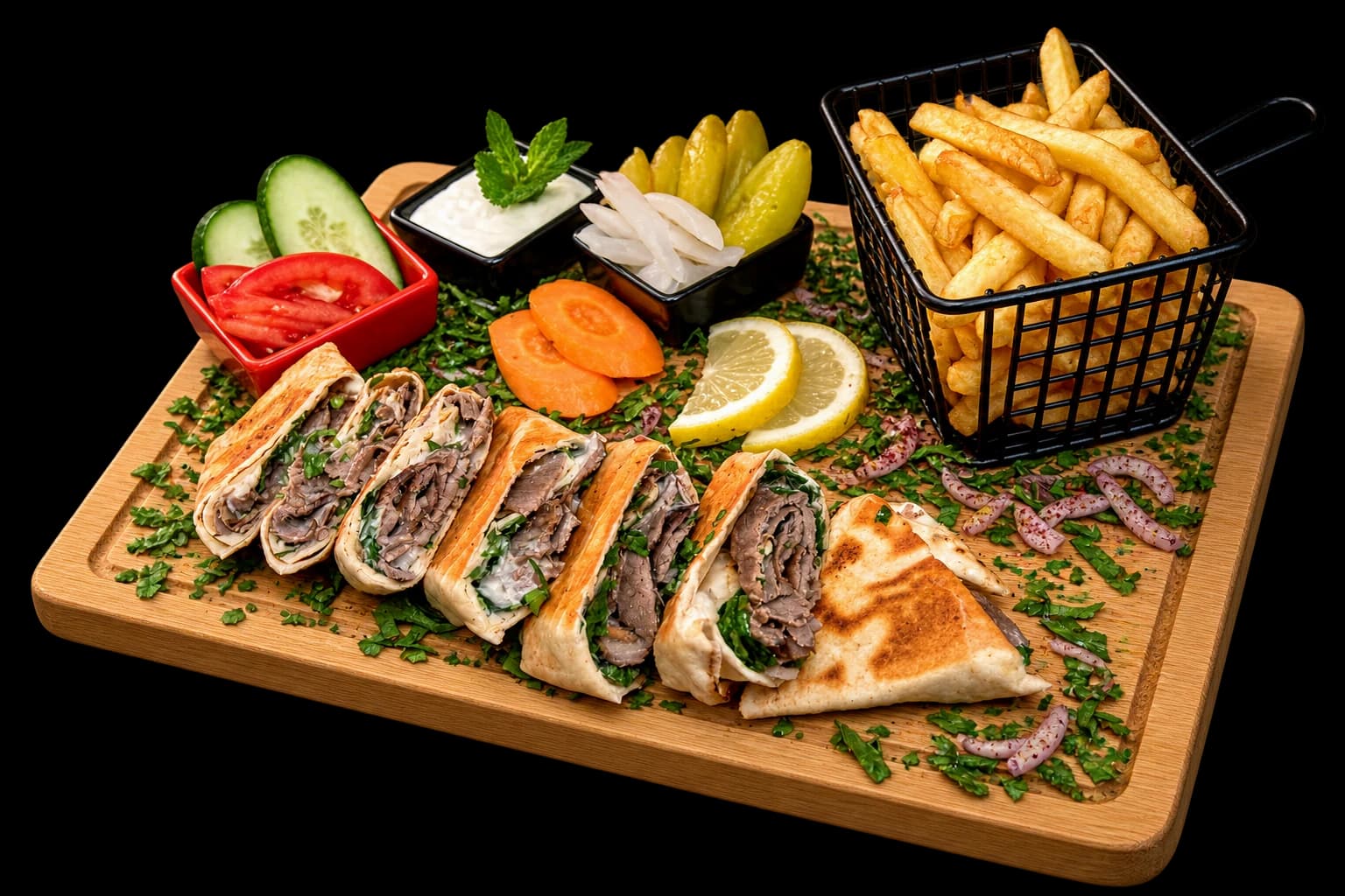 Schawarma mit Pommes und Gemüse